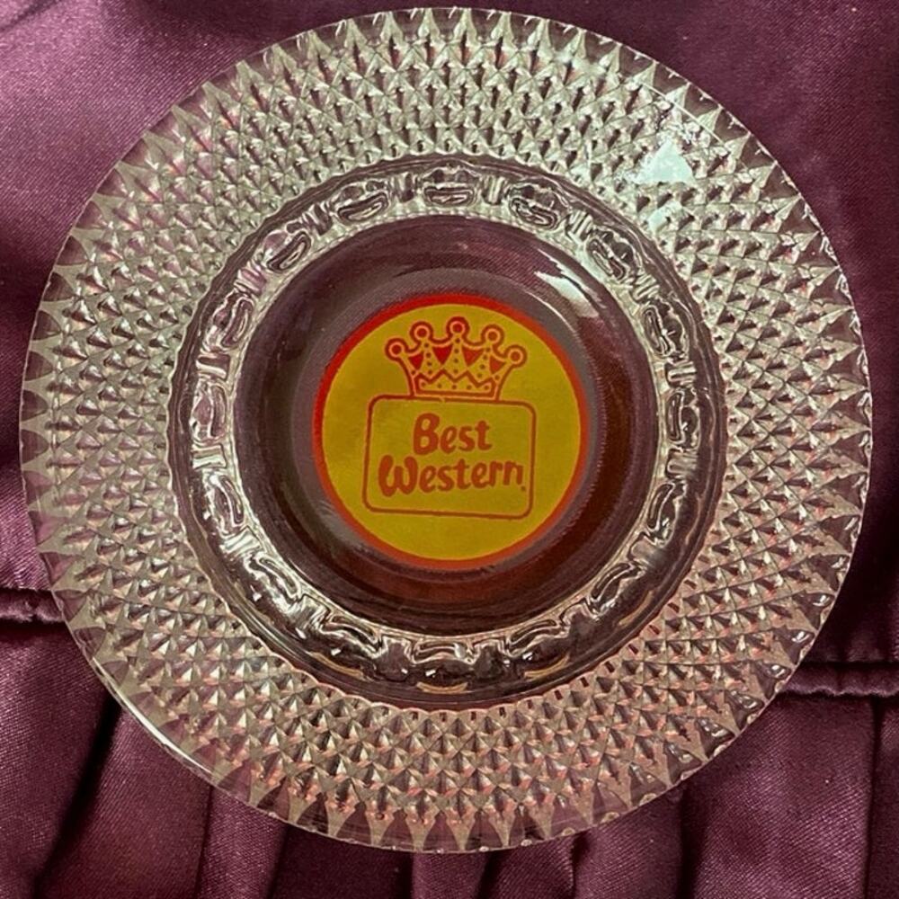 Vintage Hotel Motel Collectible Ashtray BEST WESTERN Glass Round Yellow Red Knob